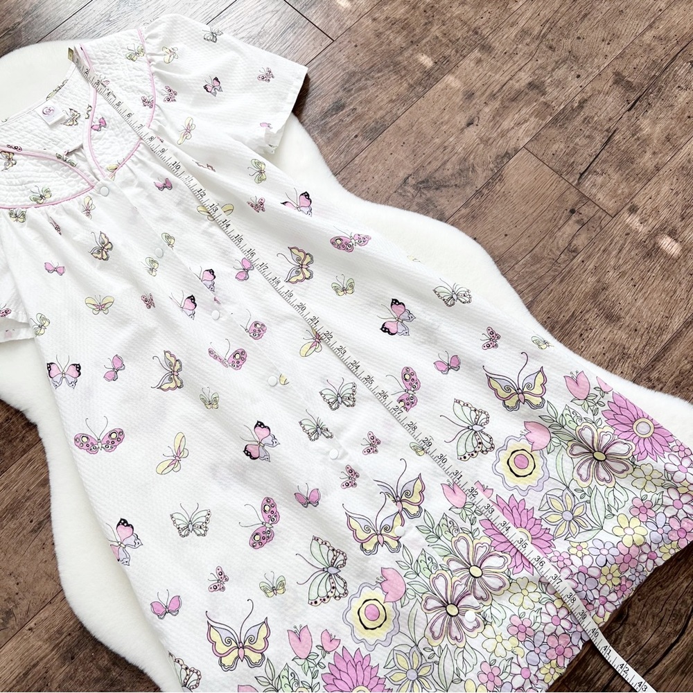 Butterfly Housecoat Snap Front Nightgown Pajama Lounge Dress White Pink Small - Picture 10 of 12